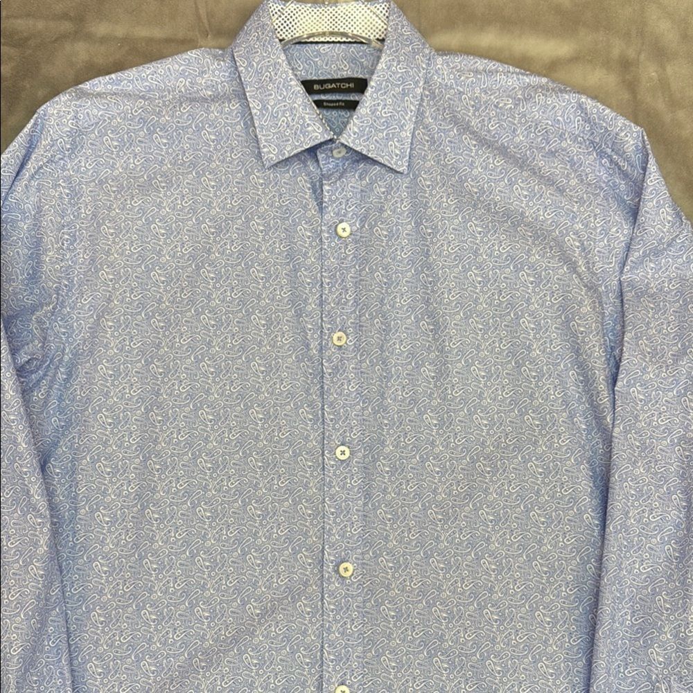 Bugatchi Blue and White Geometric Dress Shirt